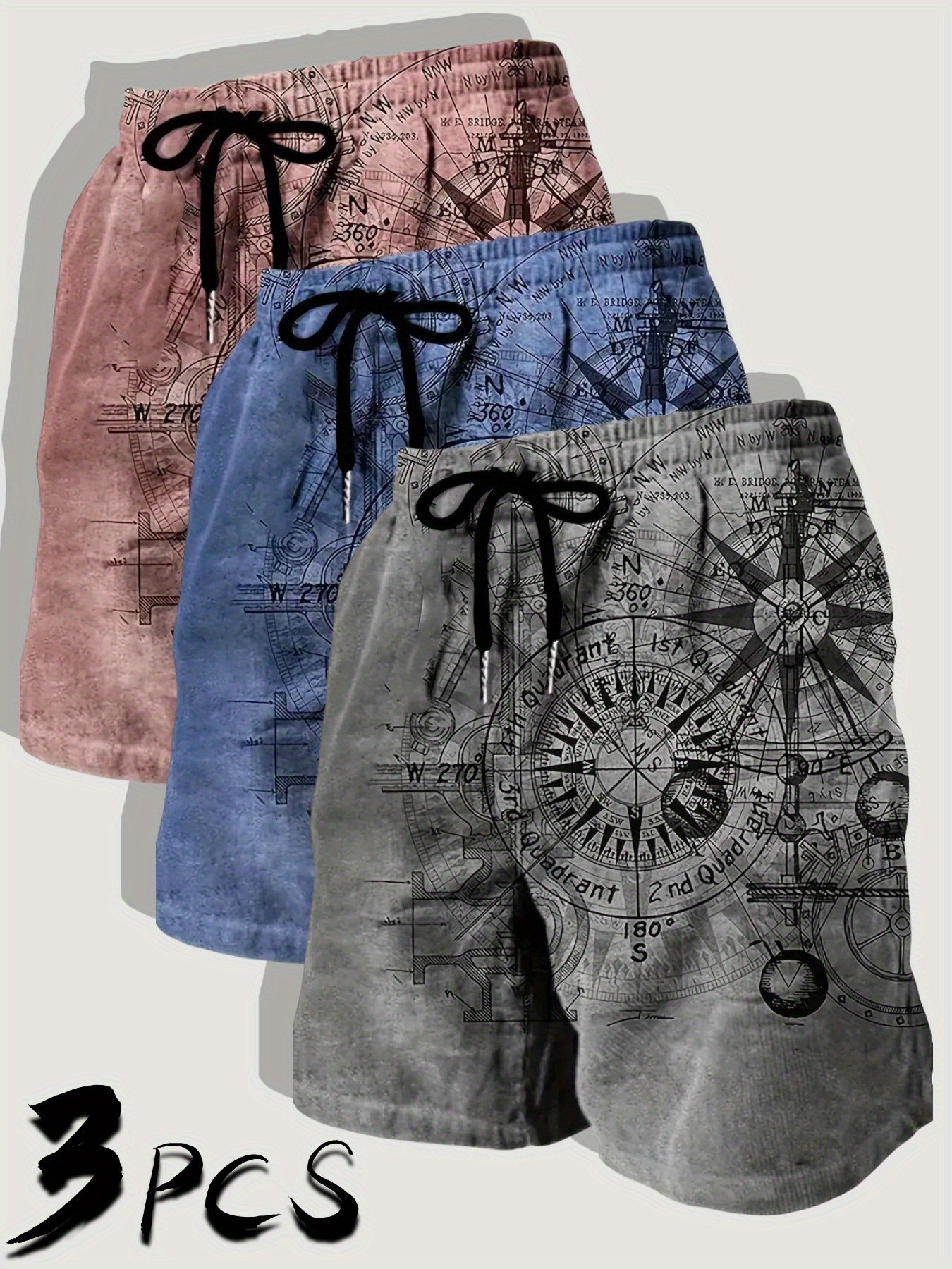 Three Pack Mens Casual Beach Shorts Nautical Chart Print