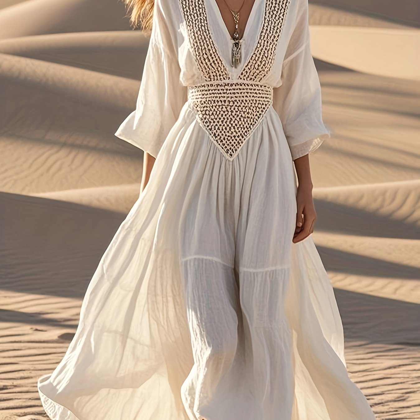 Elegant Maxi Dress V Neck Long Sleeve for Beach Wedding