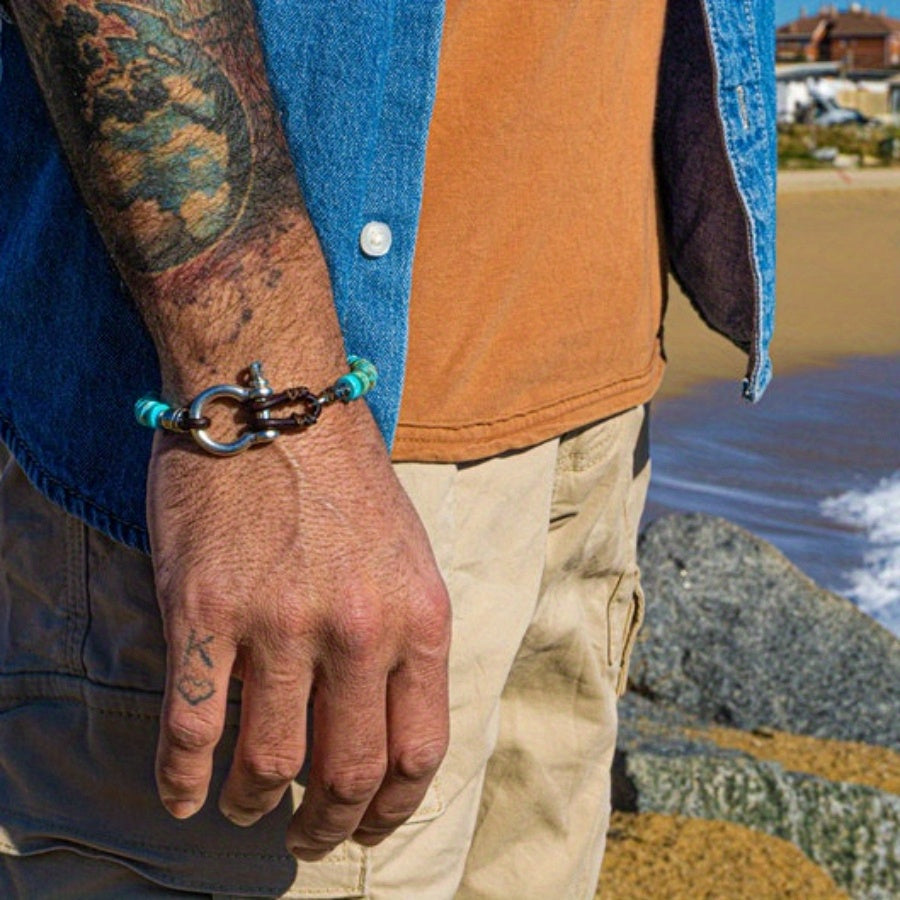 Leather Men's Bracelet With Natural Stone Beads Handmade
