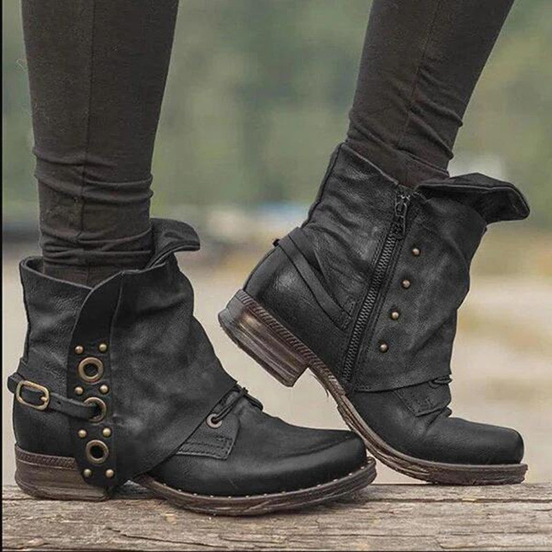 British Sty Women's Retro Western Boots Zipper Buckle