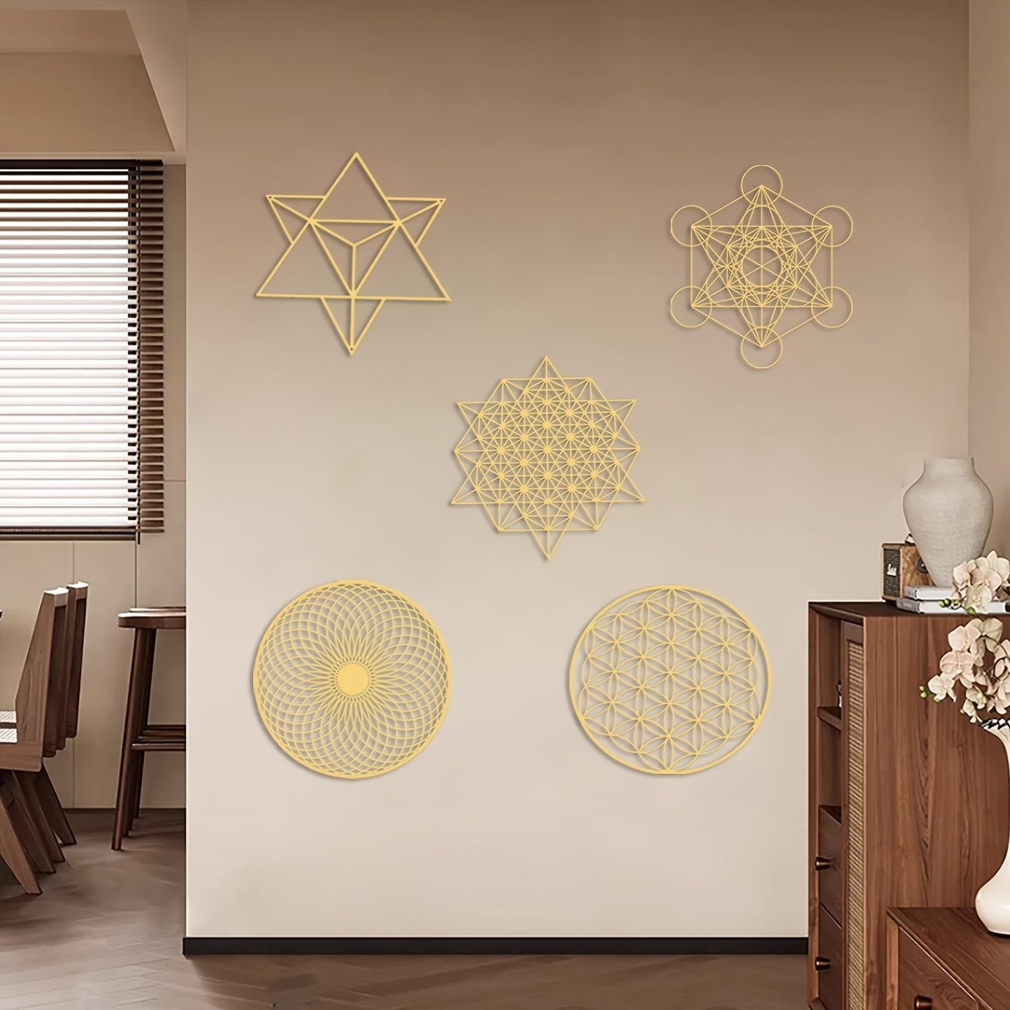 5pcs 12 Inch Sacred Geometry Wood Wall Art Set Cube Home Decor Flower Of Life Hanging Sculpture Metal Grid 7 Chakra Wall Decor