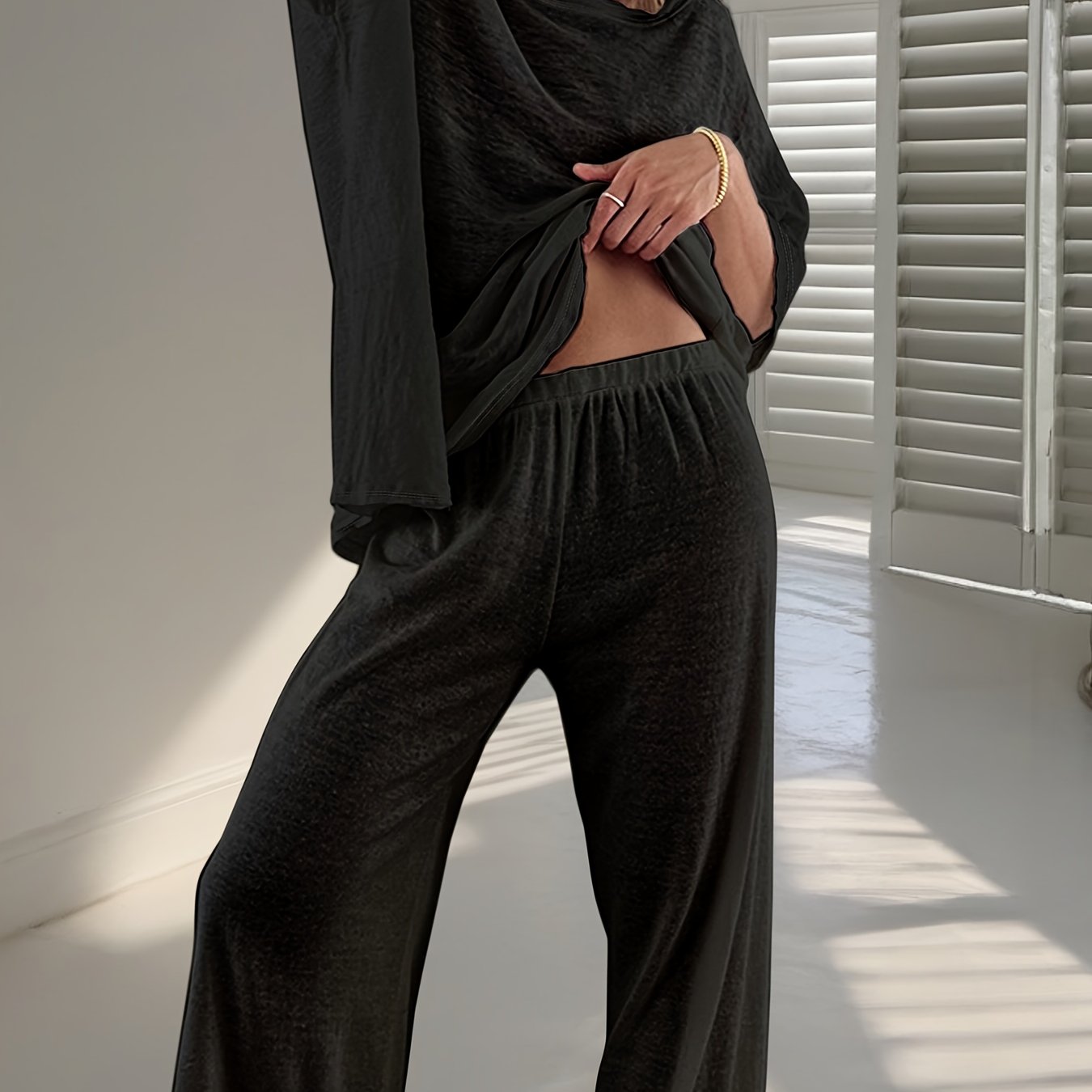 Polyester Womens Casual Home Wear Set Crew Neck Lounge Wear
