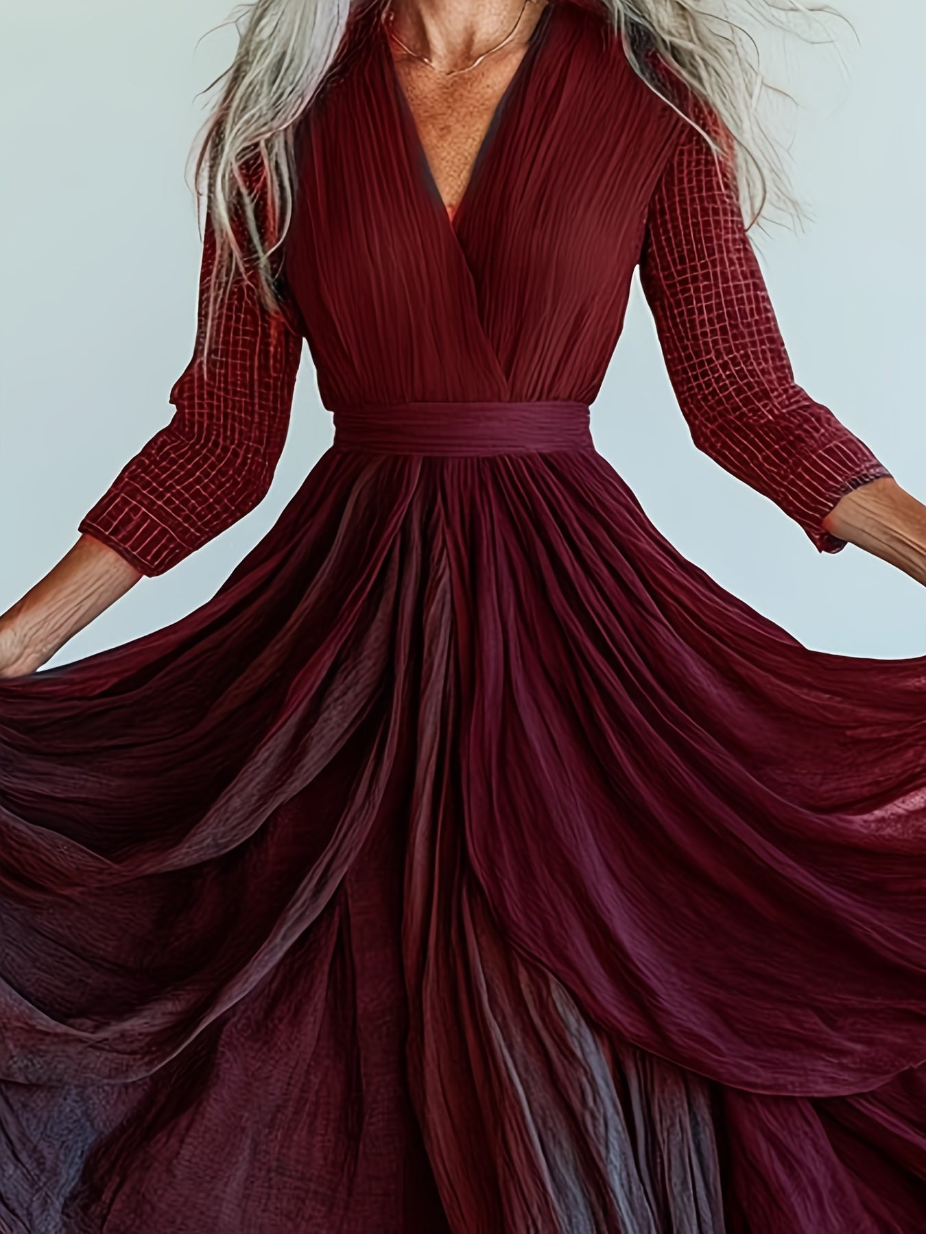 Elegant Bohemian Maxi Dress V Neck Cinched Waist Gown
