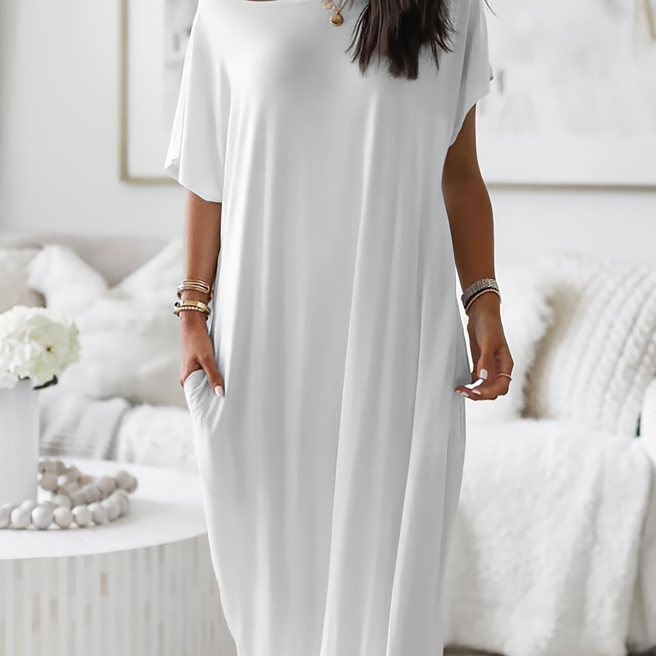 Womens Long Style Dress Crew Neck Comfortable Breathable