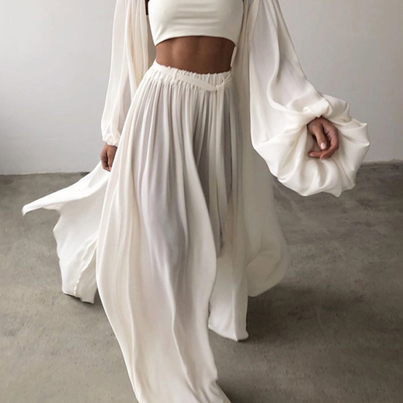 SCACTO Womens Lantern Sleeve Cardigan Set Tube Top Trousers