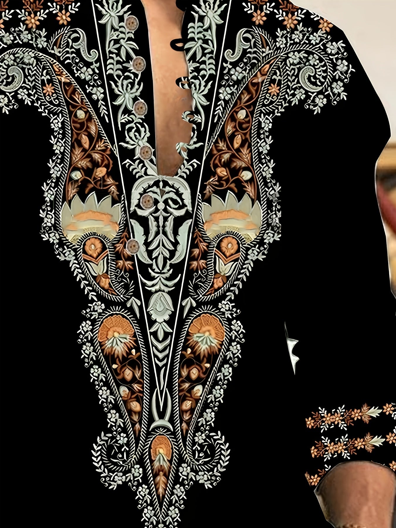 Mens Retro Floral Embroidered Long Sleeve Shirt Casual Wear