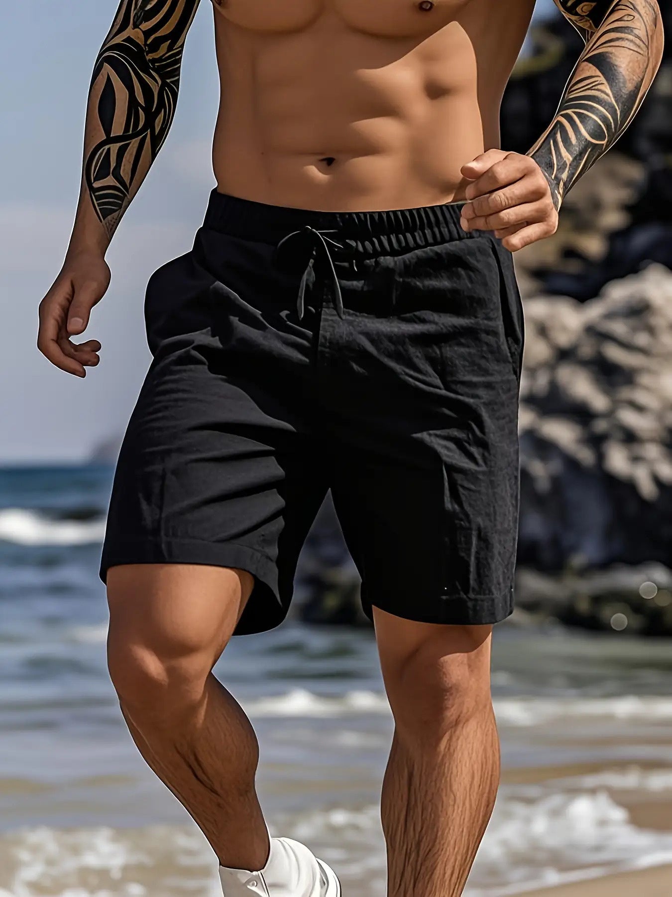 Mens Lightweight Cotton Beach Shorts Drawstring Pockets