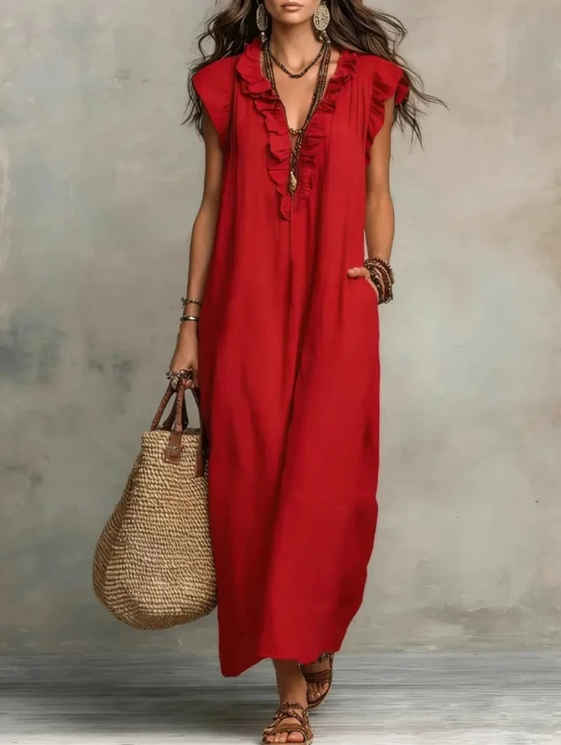 Retro Bohemian Linen Maxi Dress with Ruffle V Neck