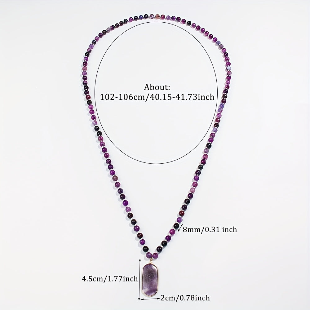 Purple Stone Mala Beads Necklace Teardrop Pendant