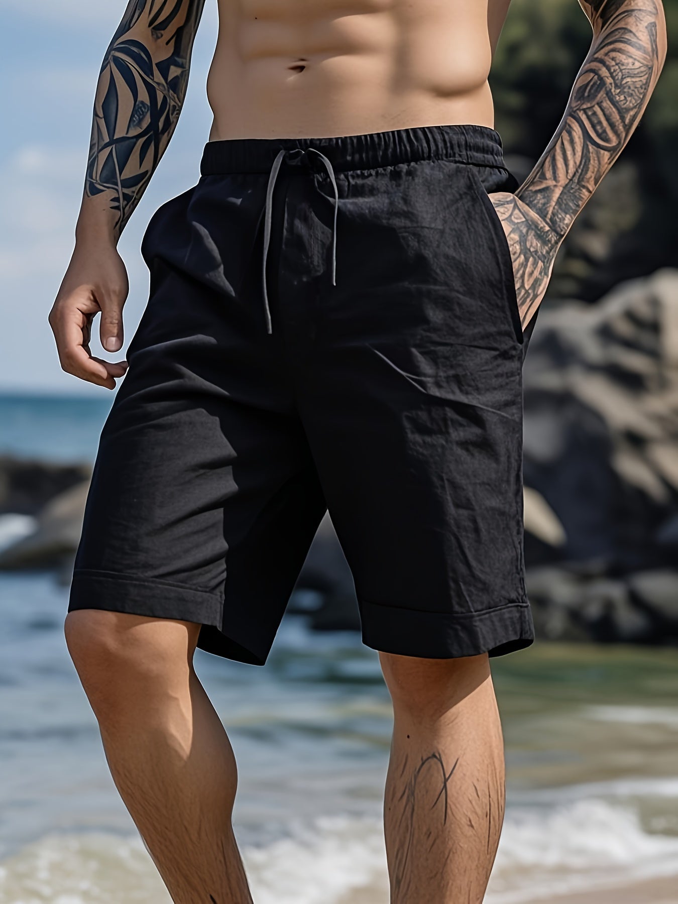 Mens Lightweight Cotton Beach Shorts Drawstring Pockets
