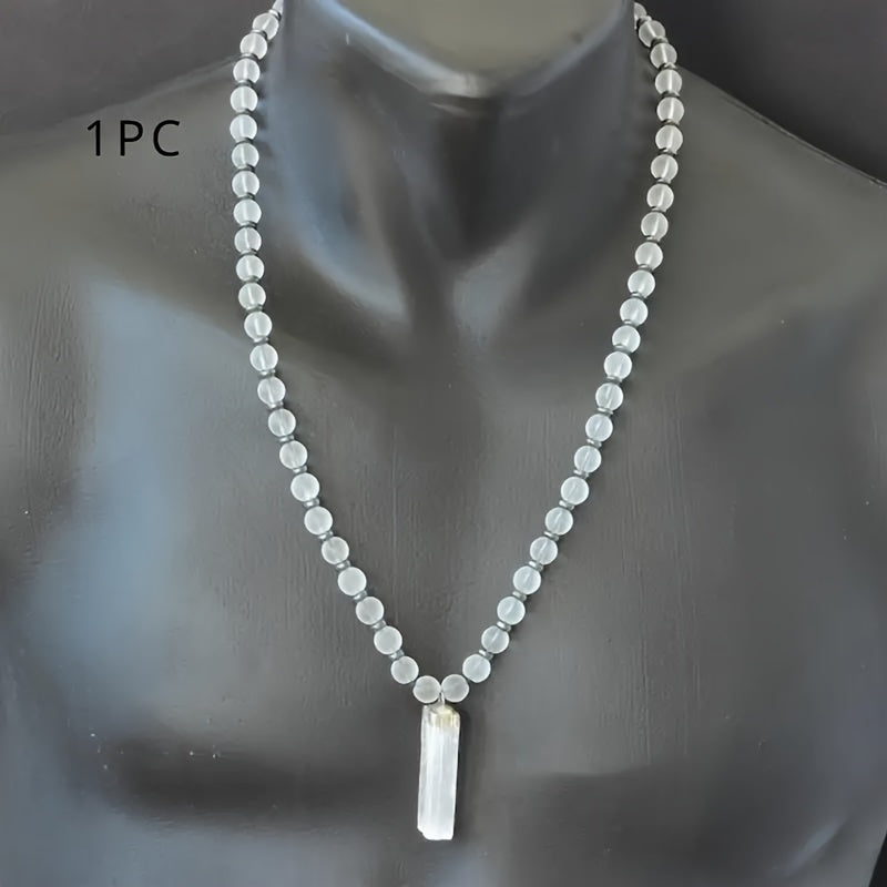 Natural Selenite Pendant Necklace With Quartz Beads