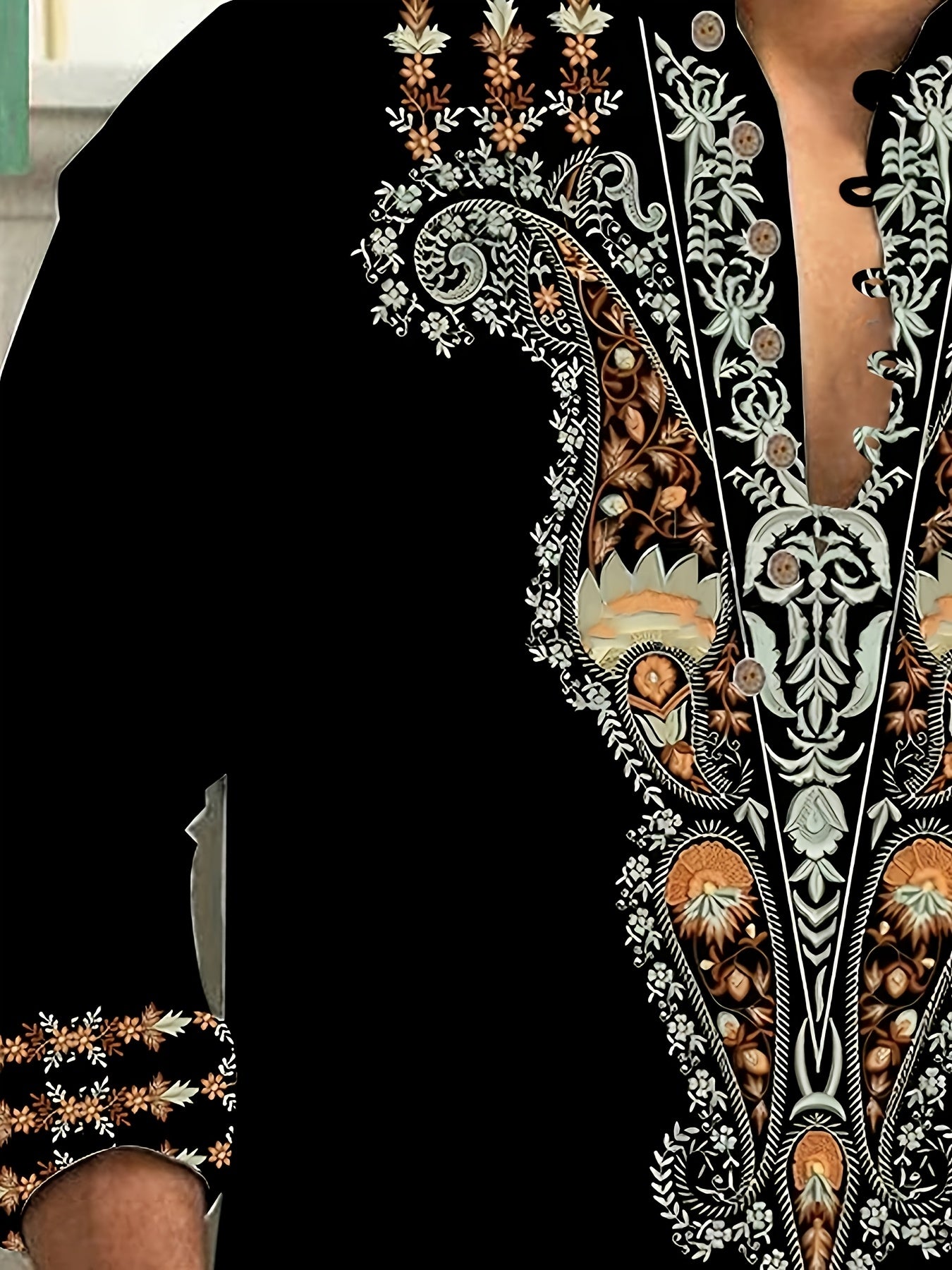 Mens Retro Floral Embroidered Long Sleeve Shirt Casual Wear