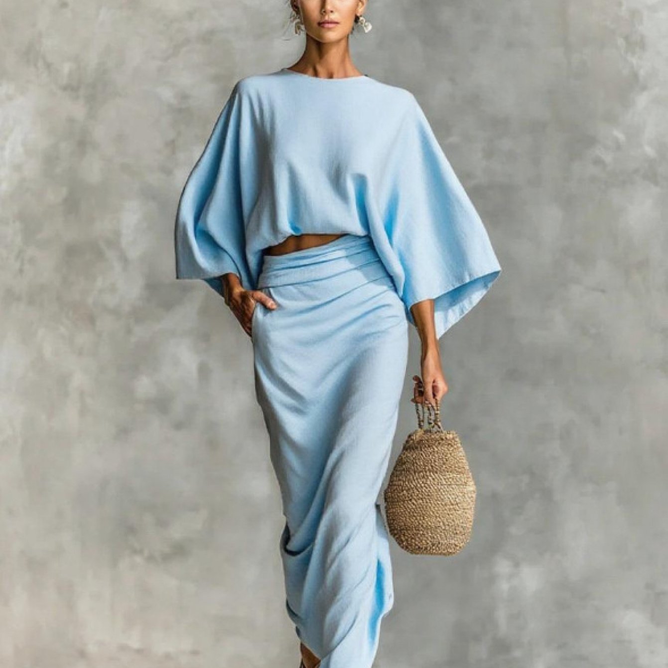 Elegant Crew Neck Long Sleeve Top And High-Waisted Skirt Set