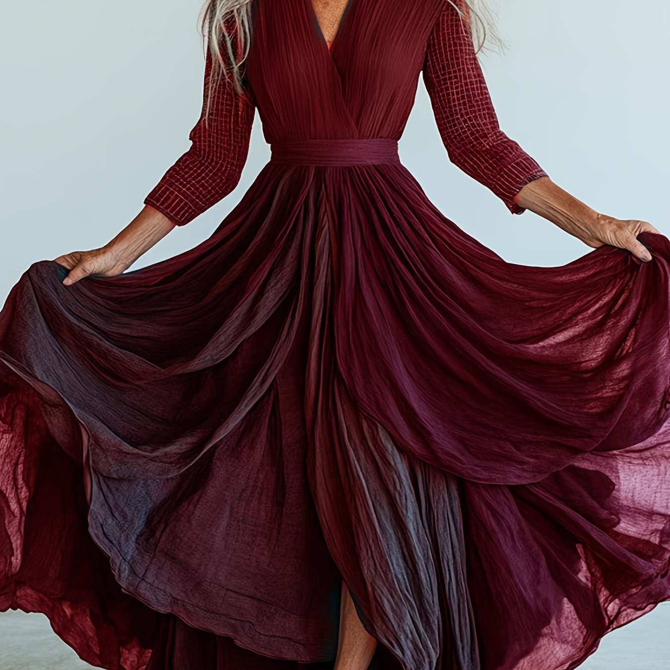 Elegant Bohemian Maxi Dress V Neck Cinched Waist Gown