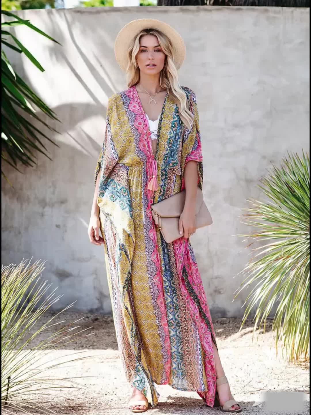 Boho Chic Geometric Print Beach Kimono Cardigan