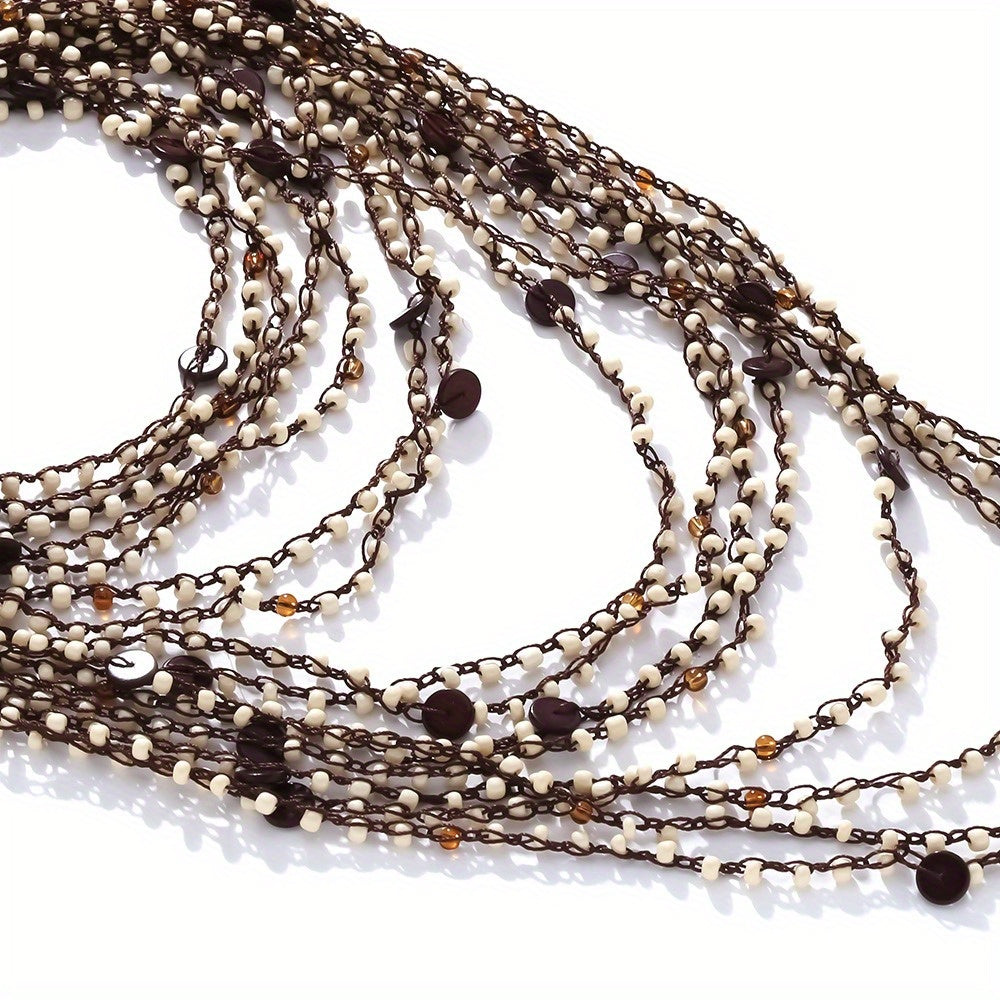 Hand-Beaded Bohemian Waterfall Multi-Layered Necklace - Golden & Brown Beaded Stacked Collarbone Chain for Women, Everyday & Party Jewelry, Year-Round Versatile Accessory, Vibrant Style, Handcrafted Jewelry, Statement Piece,