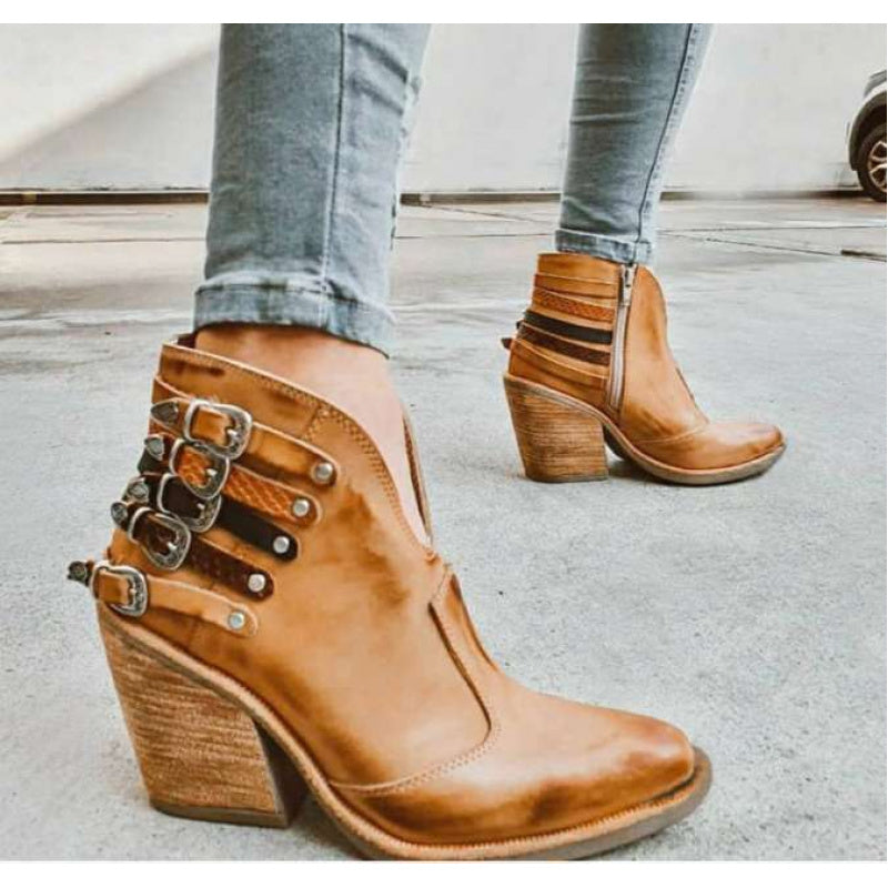 Western Retro Chunky Heel Ankle Boots Buckle Straps