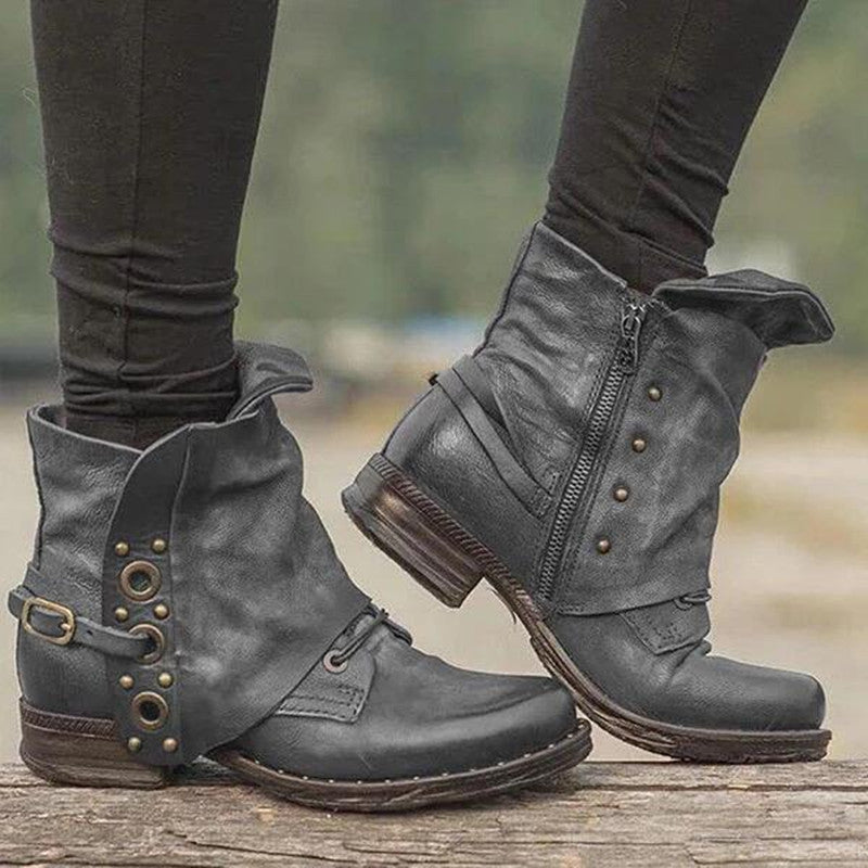 British Sty Women's Retro Western Boots Zipper Buckle