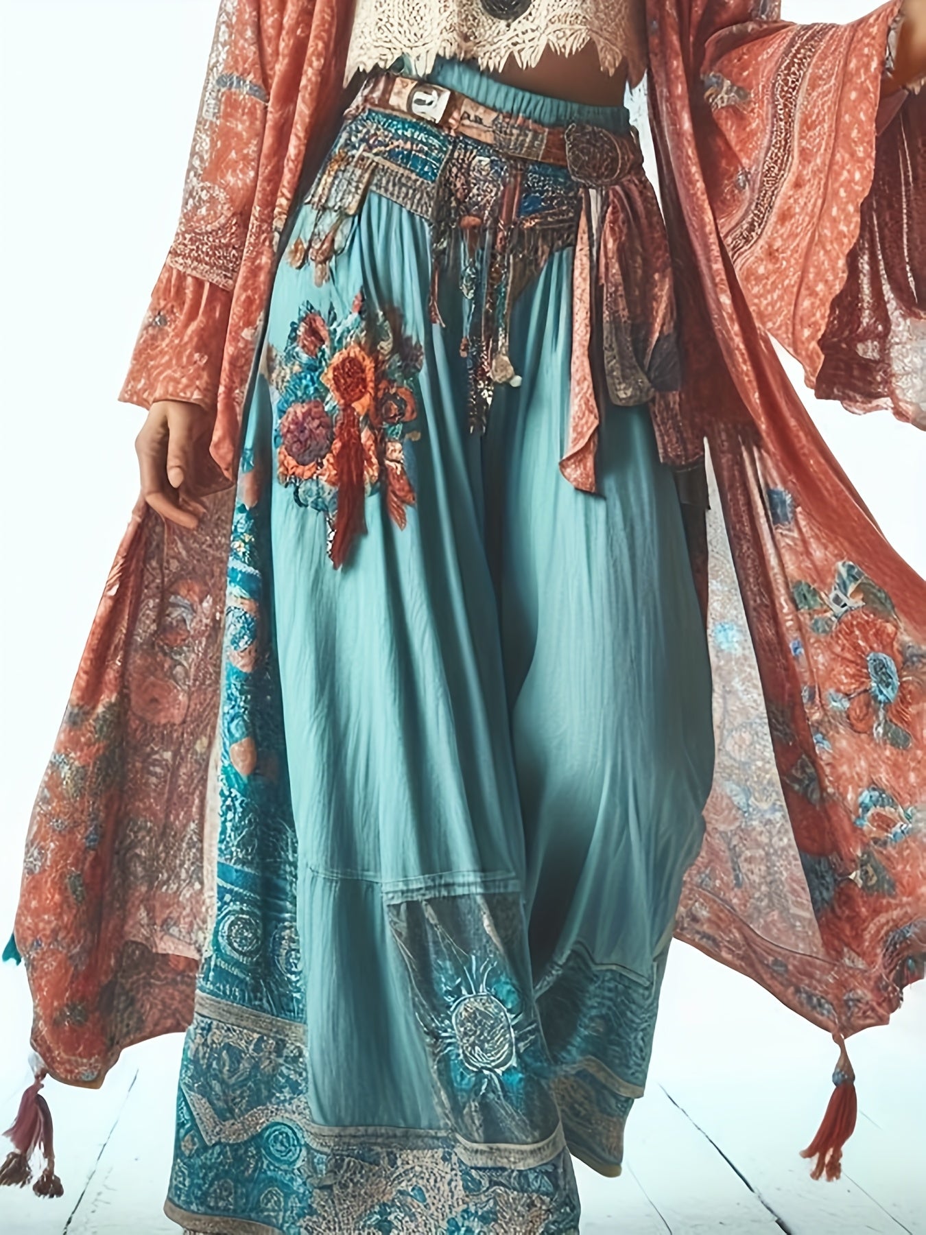 Floral High-Waisted Wide-Leg Trousers With Elastic Waistband