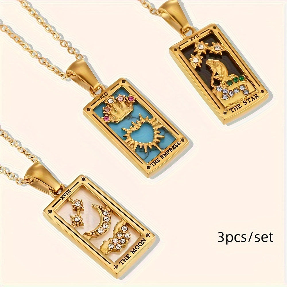 Rectangular Zirconia Tarot Pendant Necklace Stainless Steel