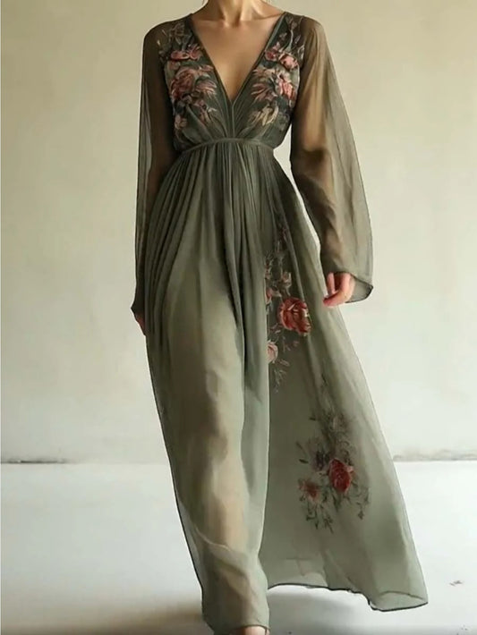 Blossom And Radiate Digital Print V Neck Long Sleeve Dress