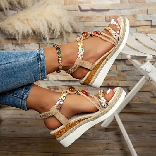 由玛 Beaded Braided Sandals With Wedge Heel Slip On Vacations