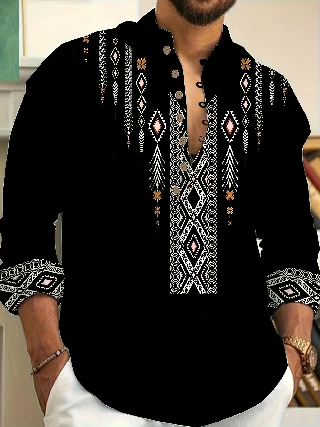 Men's Casual Henley Shirt With 3D Ethnic Print Regular Fit