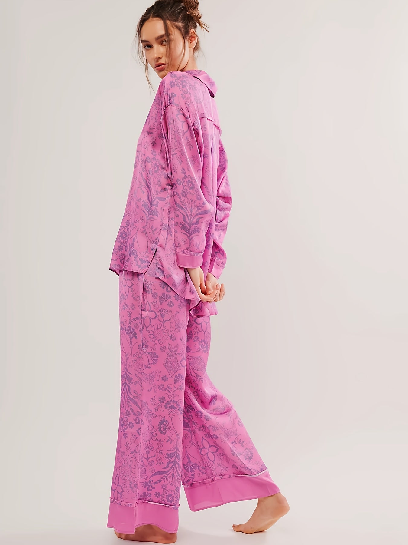 Purple Satin Pajamas - Elegant Floral Printed - Perfect For A Cozy Night