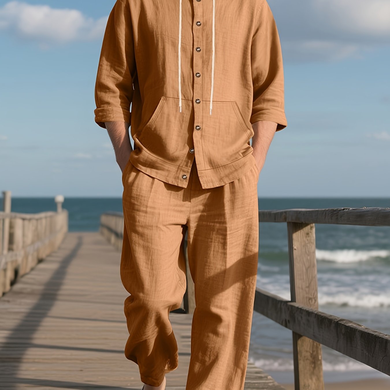 Blossom And Radiate Linen Mens Hooded Shirt And Pants Set