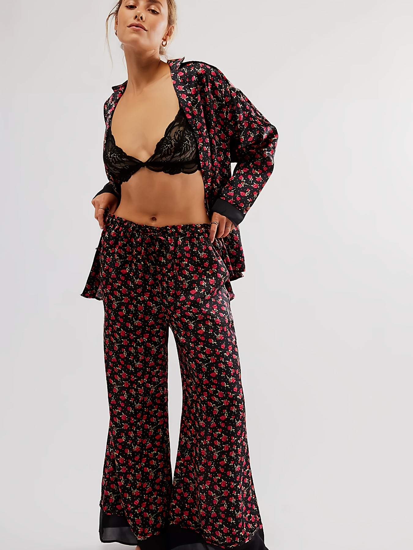 Purple Satin Pajamas - Elegant Floral Printed - Perfect For A Cozy Night