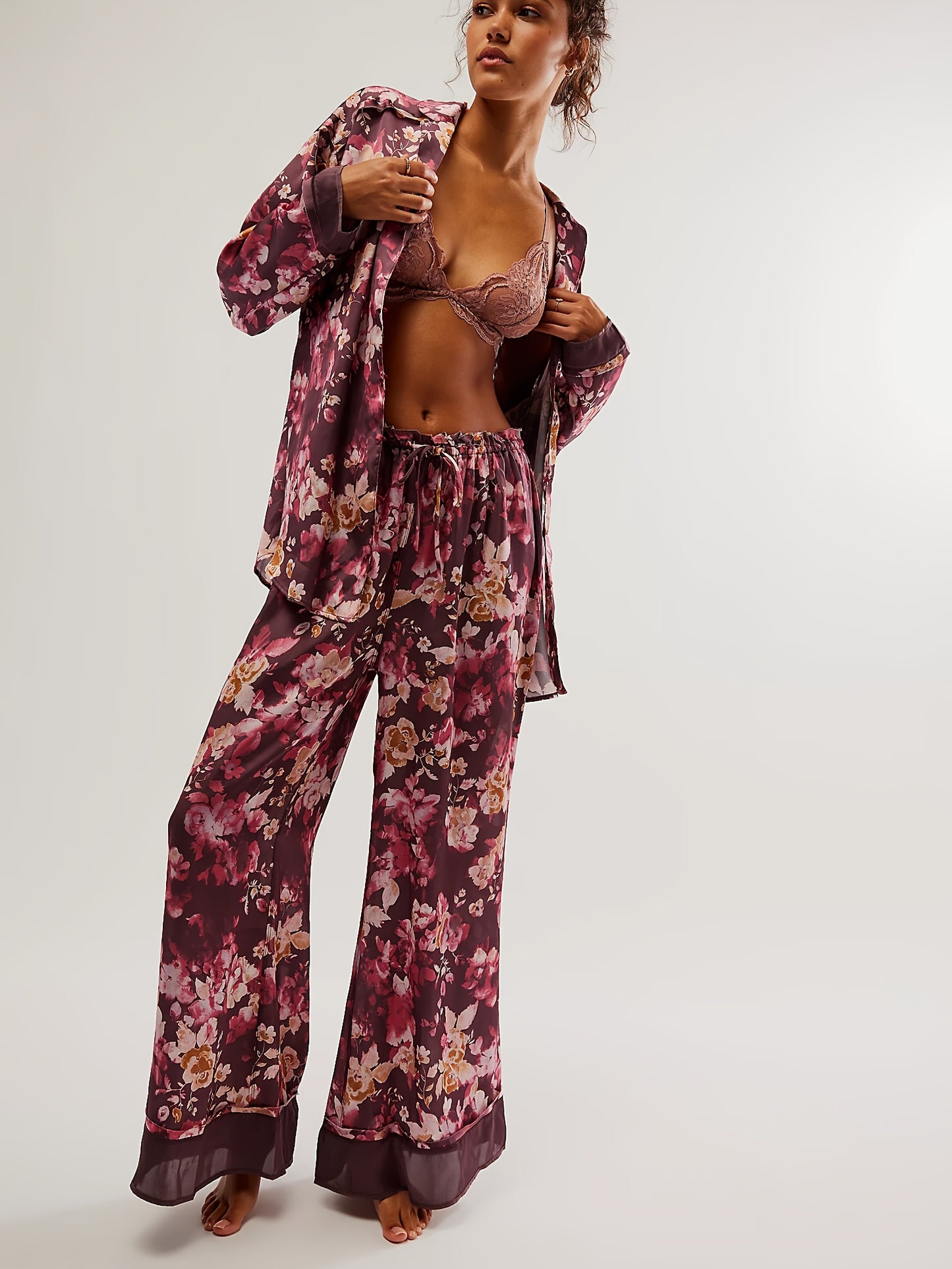 Purple Satin Pajamas - Elegant Floral Printed - Perfect For A Cozy Night