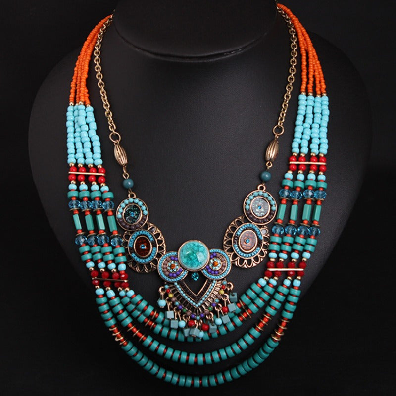 Bohemian Chic Beaded Necklace For Women With Turquoise Accents And Blue Beads