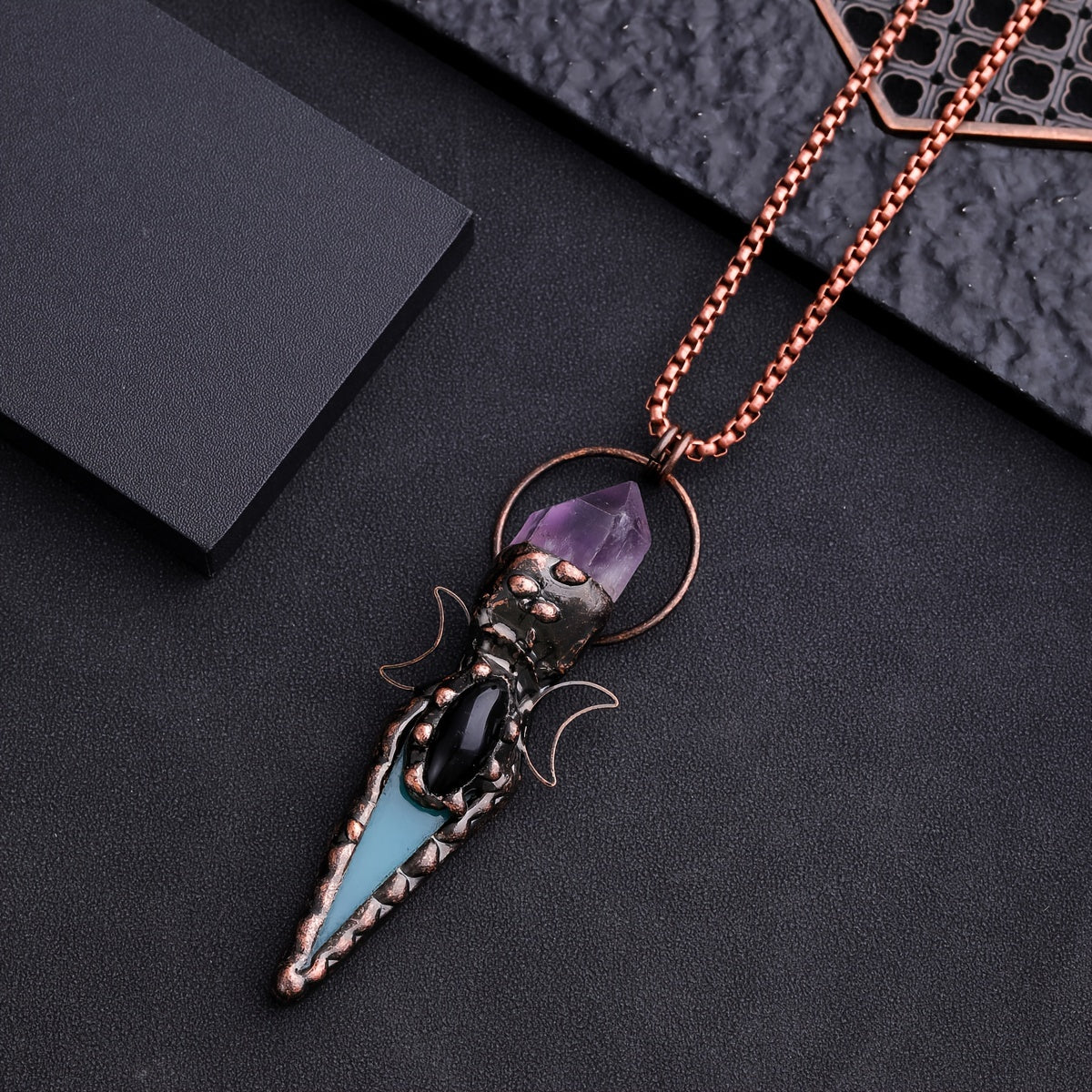 Bohemian Quartz and Green Agate Necklace with Copper Moon