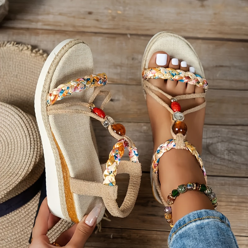 由玛 Beaded Braided Sandals With Wedge Heel Slip On Vacations