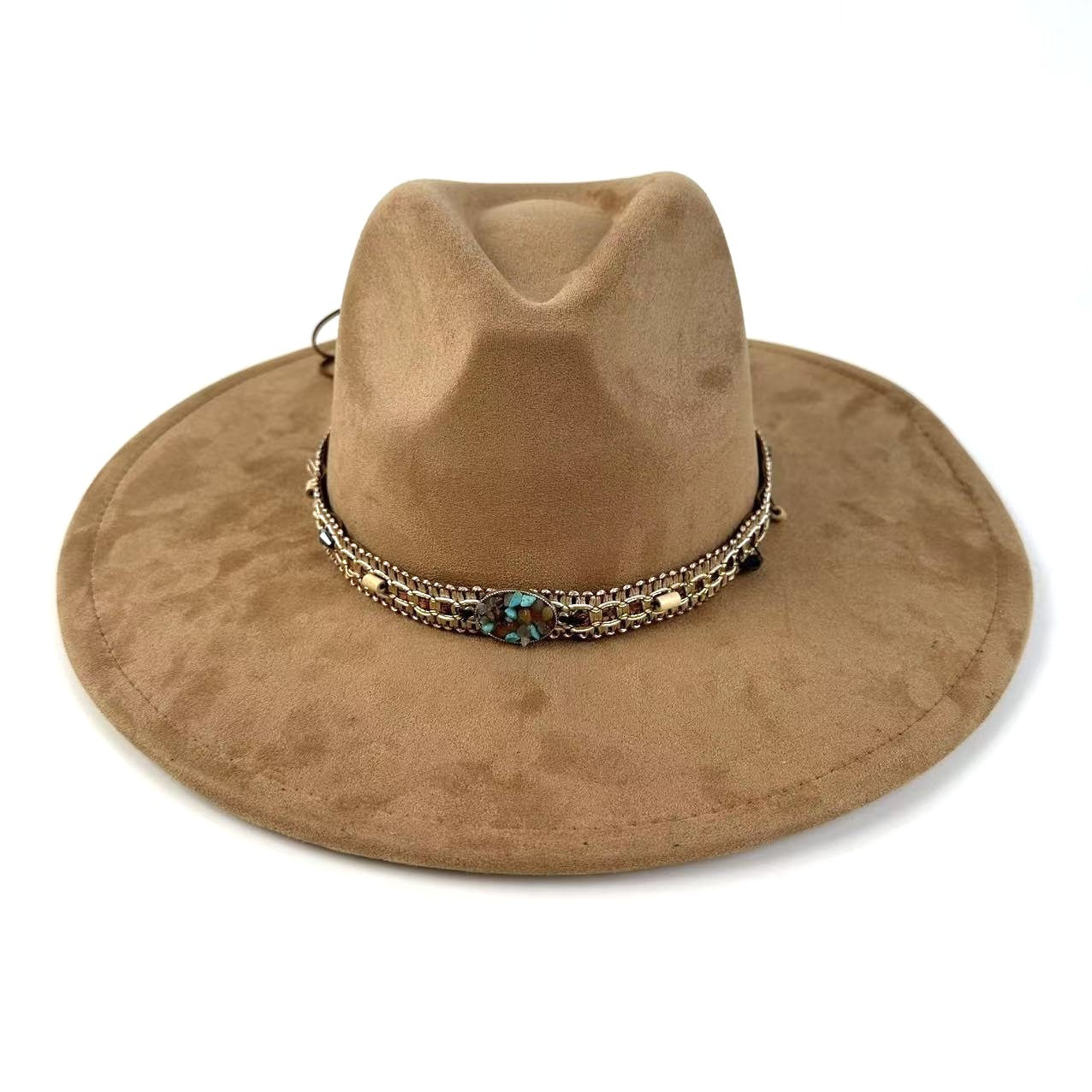 Bohemian Wide-Brim Felt Hat With Turquoise Bead Chain Band