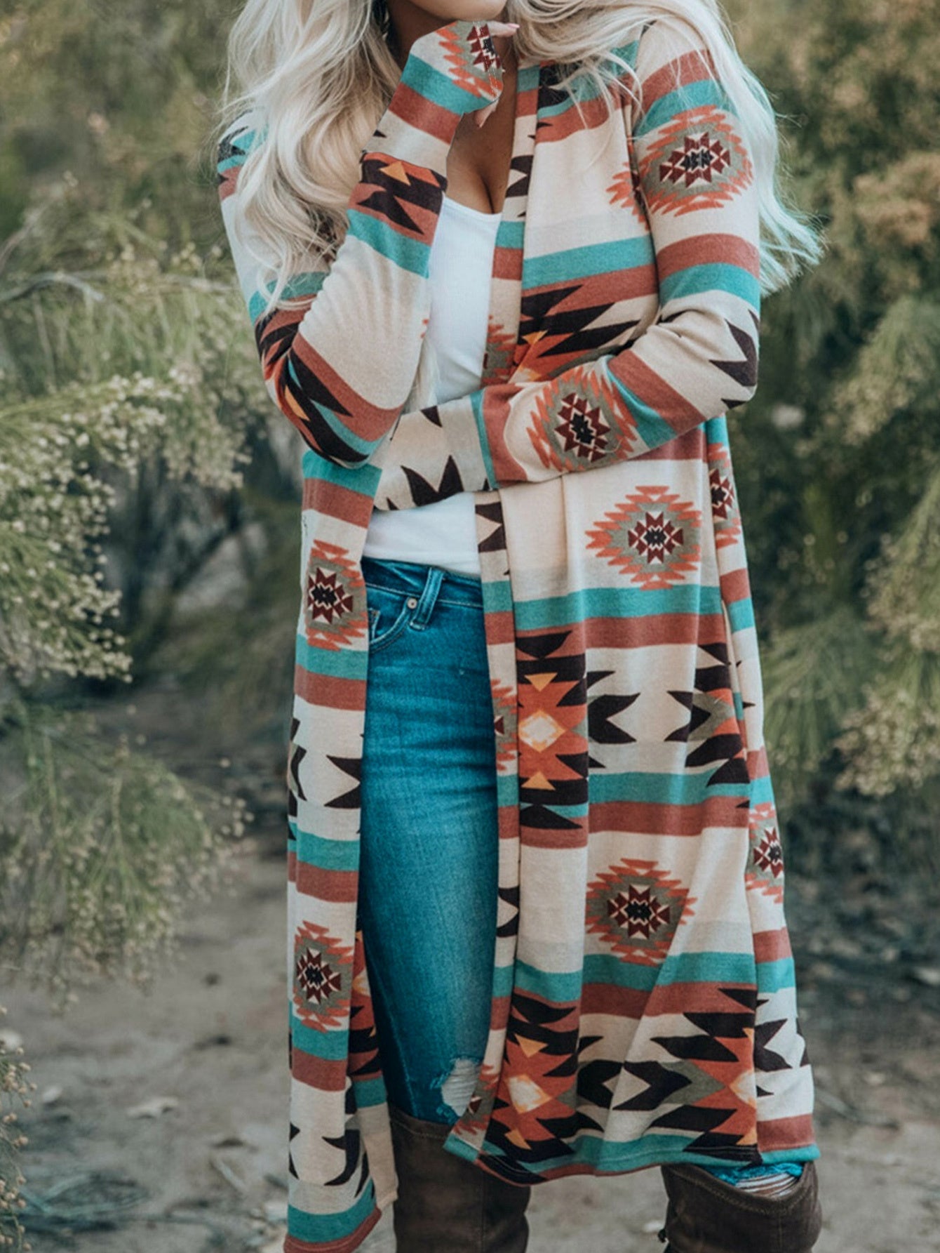 CIUM Womens Cardigan Tribal Print With Elastic Knit Fabric