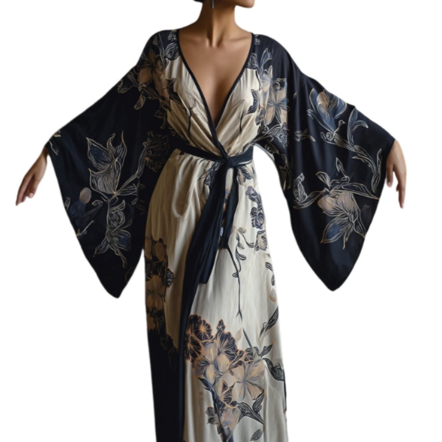 Elegant Floral Kimono Robe Dress With Hibiscus Print