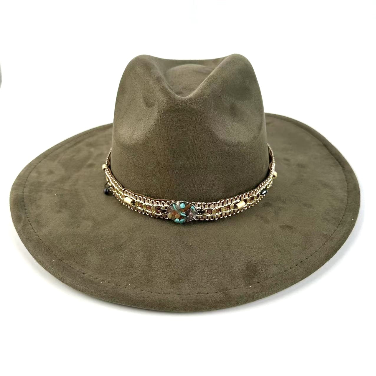 Bohemian Wide-Brim Felt Hat With Turquoise Bead Chain Band