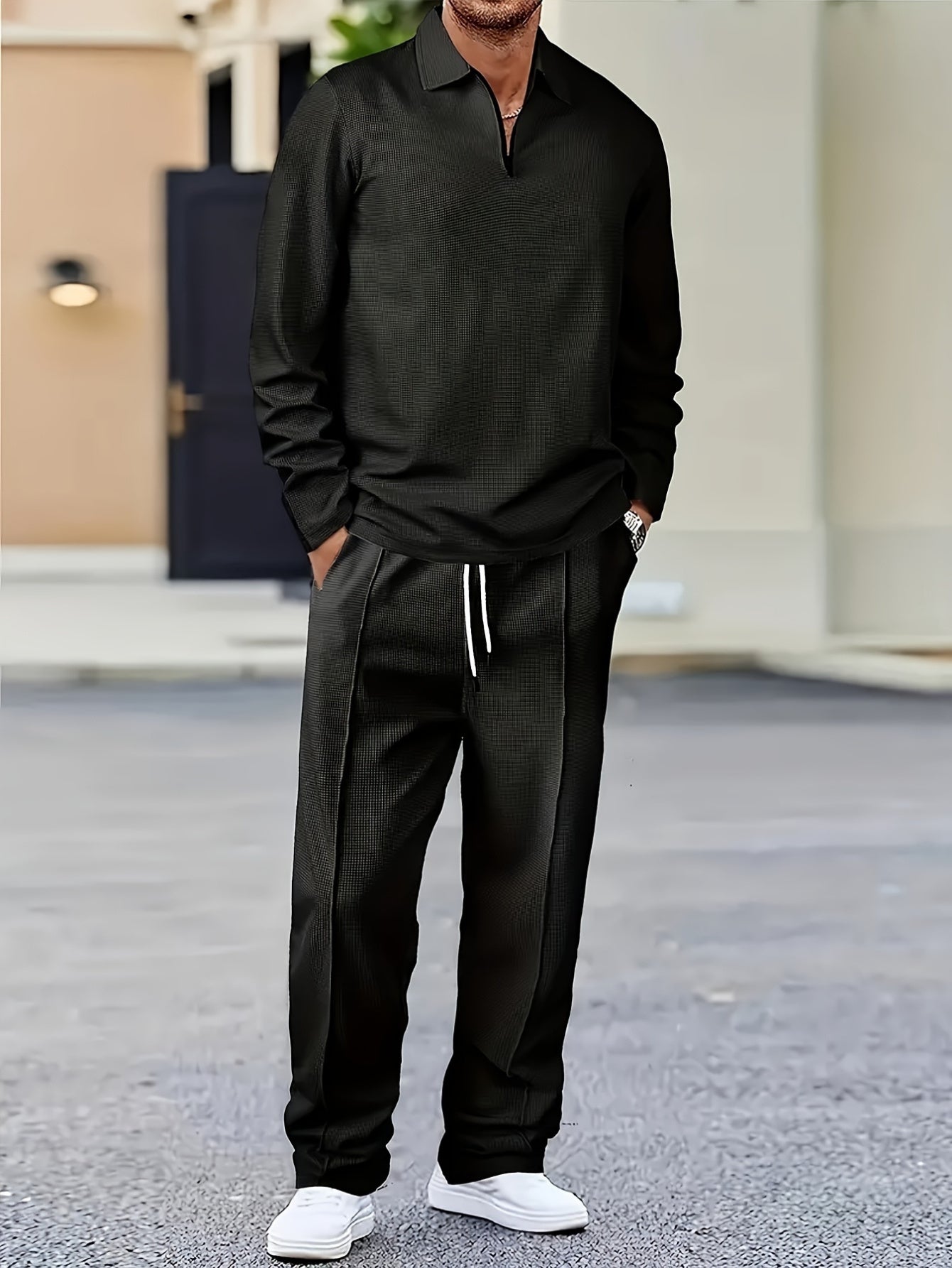 Men's Casual Sportswear Set With Zipper Pockets Polyester