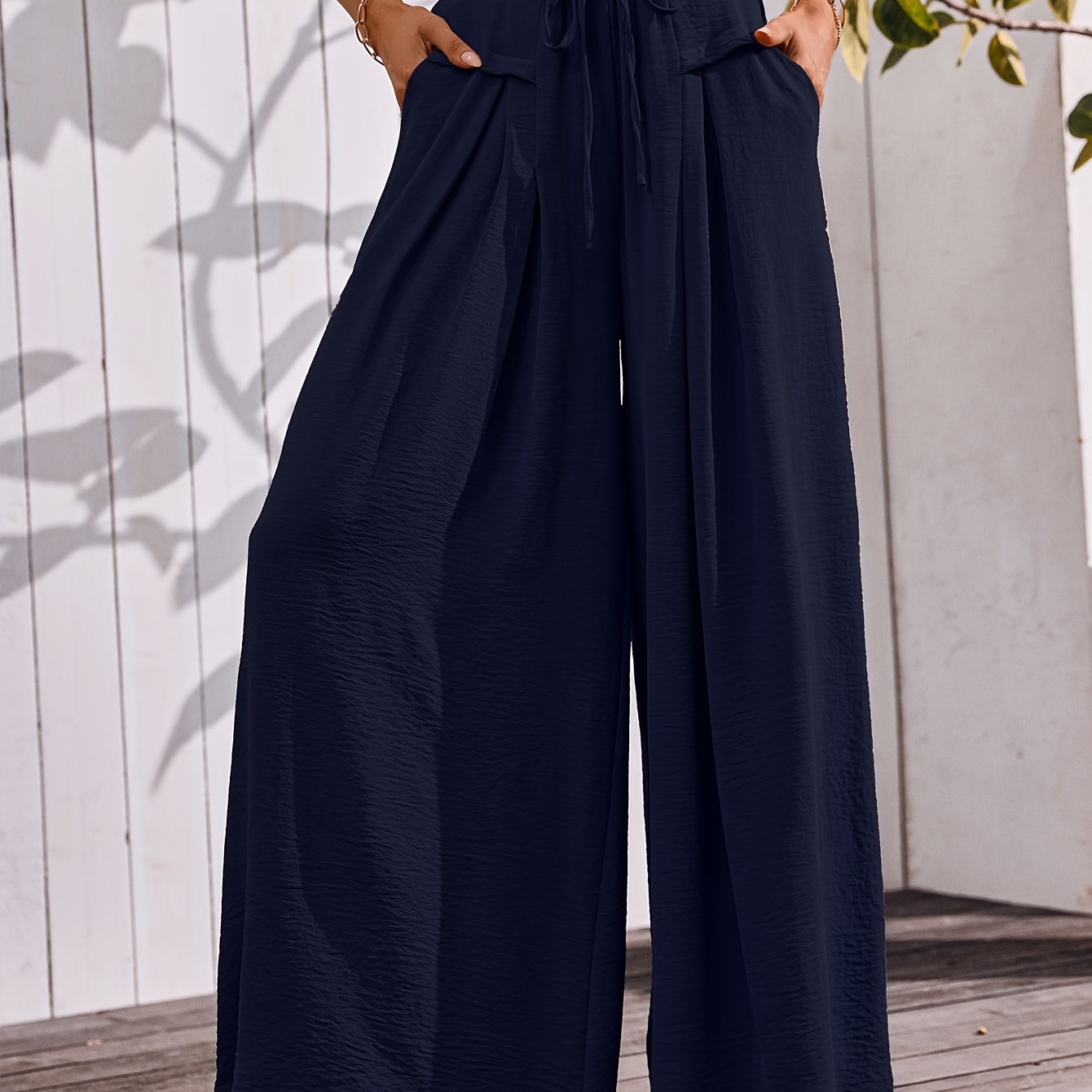 Flowy Wide Leg Pants For Women With Elastic Waist Pocket