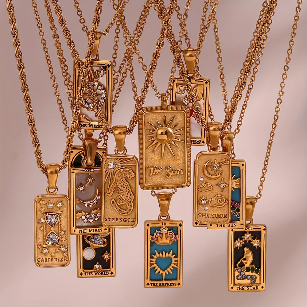 Rectangular Zirconia Tarot Pendant Necklace Stainless Steel