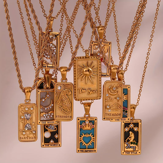 Rectangular Zirconia Tarot Pendant Necklace Stainless Steel