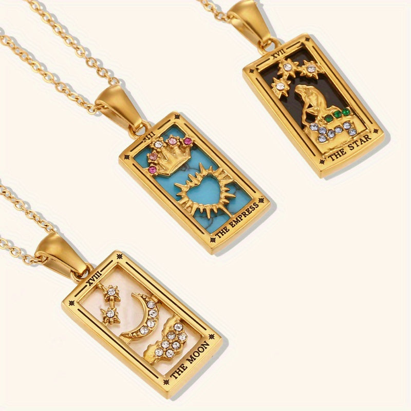 Rectangular Zirconia Tarot Pendant Necklace Stainless Steel