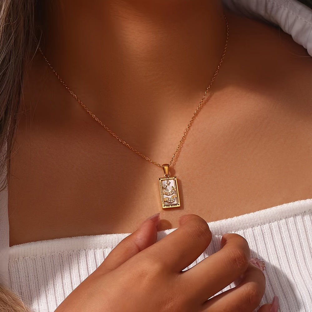Rectangular Zirconia Tarot Pendant Necklace Stainless Steel