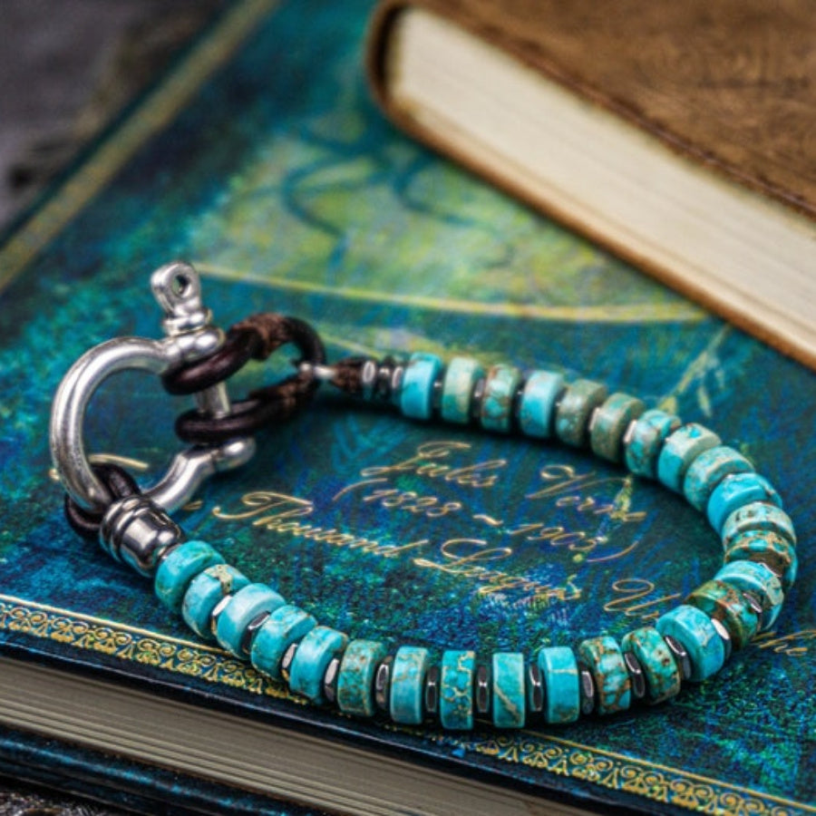 Leather Men's Bracelet With Natural Stone Beads Handmade