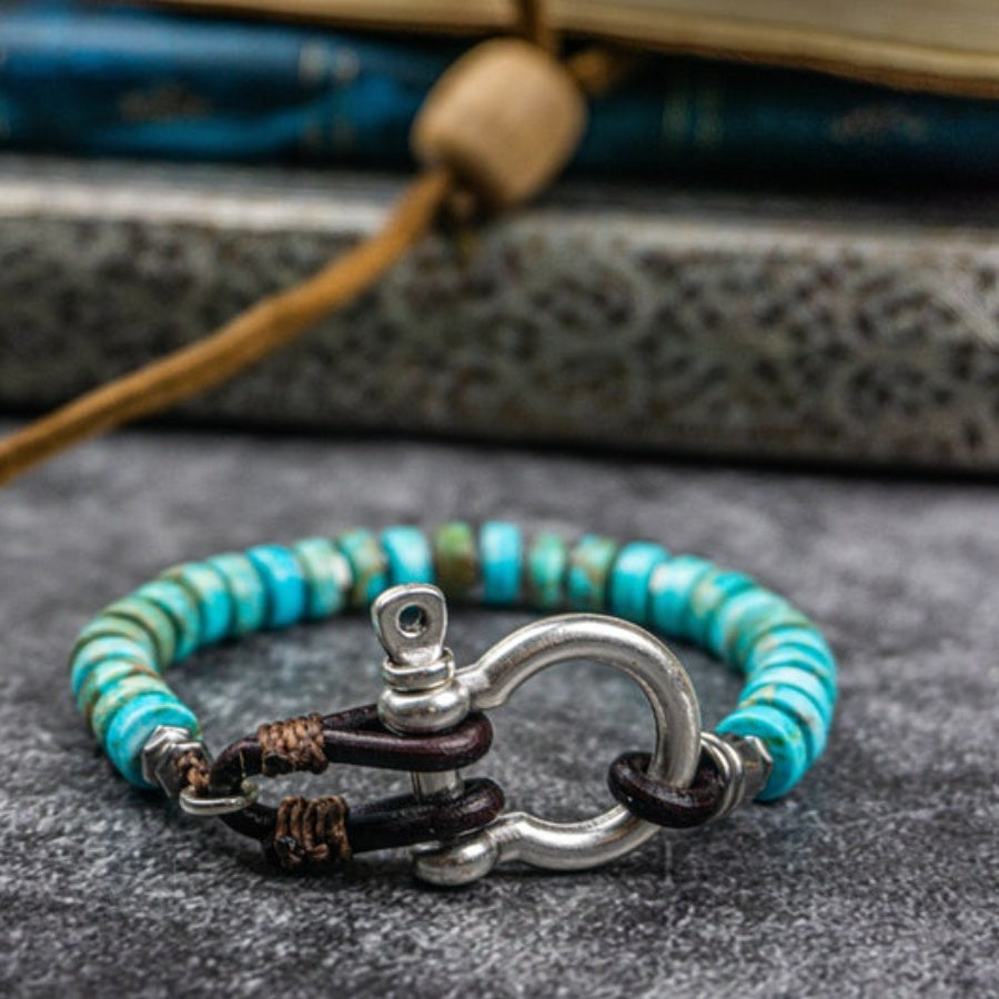 Leather Men's Bracelet With Natural Stone Beads Handmade