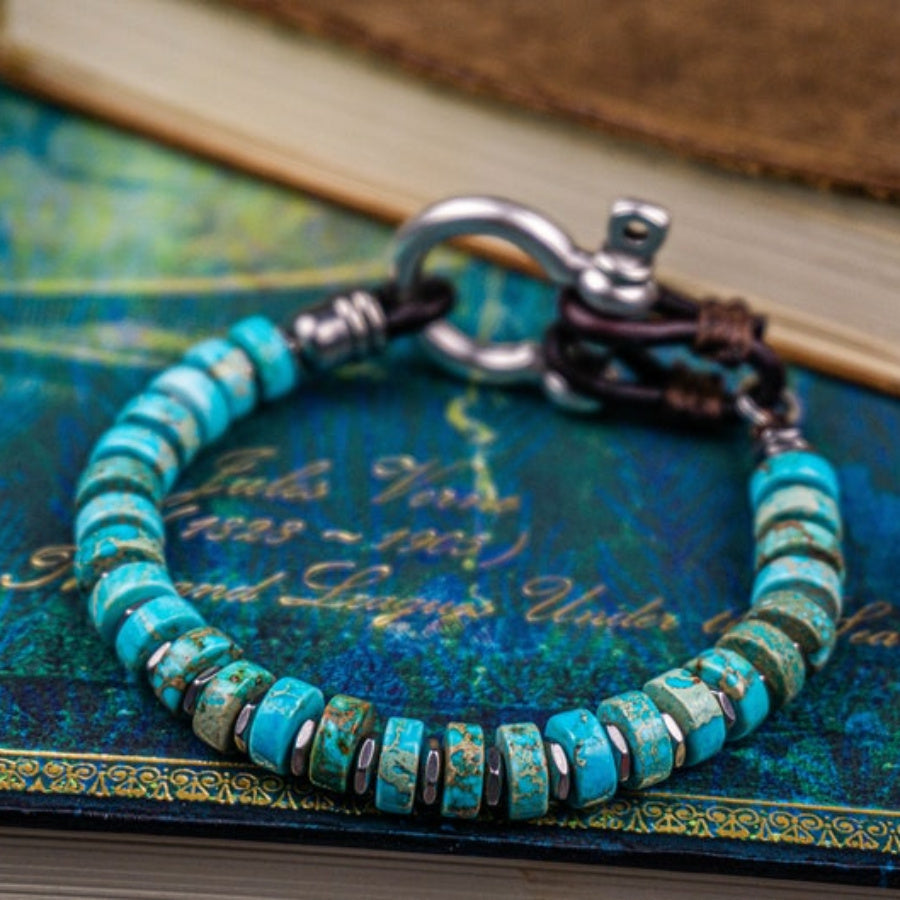 Leather Men's Bracelet With Natural Stone Beads Handmade