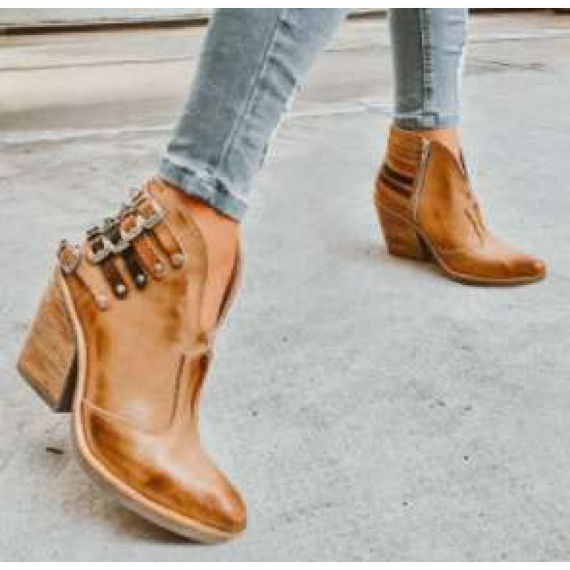 Western Retro Chunky Heel Ankle Boots Buckle Straps