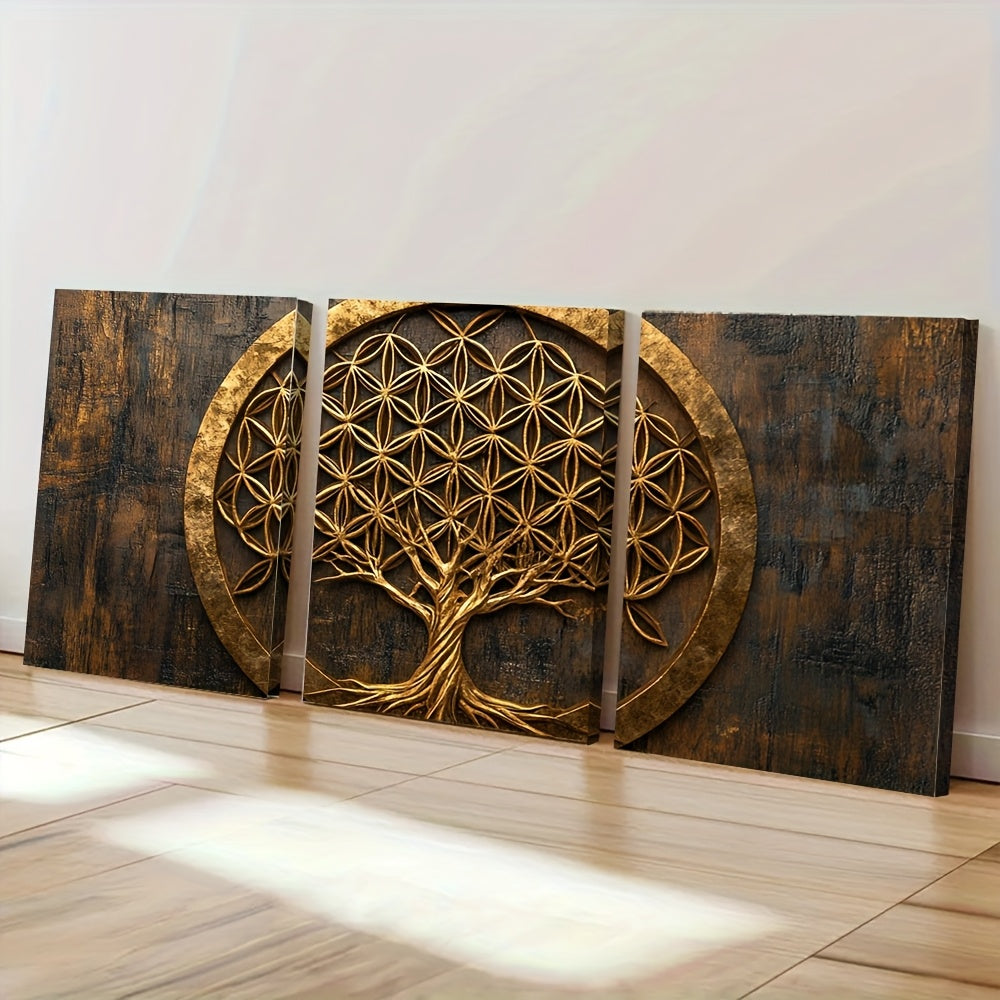 2D Canvas, Modern Bohemian Three-Panel Wall Art- Flower of Life, Tree of Life& Sephiroth Sacred Geometry Framed Canvas Prints 15.7x23.6 Inch, Golden on Dark Background for Living Room, Home Office& Christmas Decor, Wall Decor