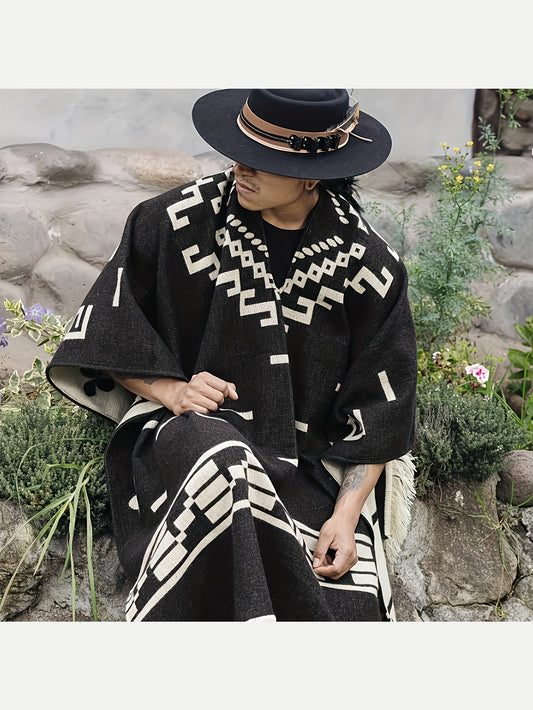 SCACTO Men's Western Shawl Cloak Fringe Cape Poncho